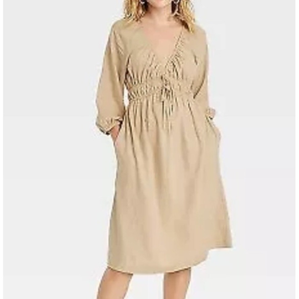 Women's Tie-Front Puff 3/4 Sleeve Midi Dress - Universal Thread Tan XS $30